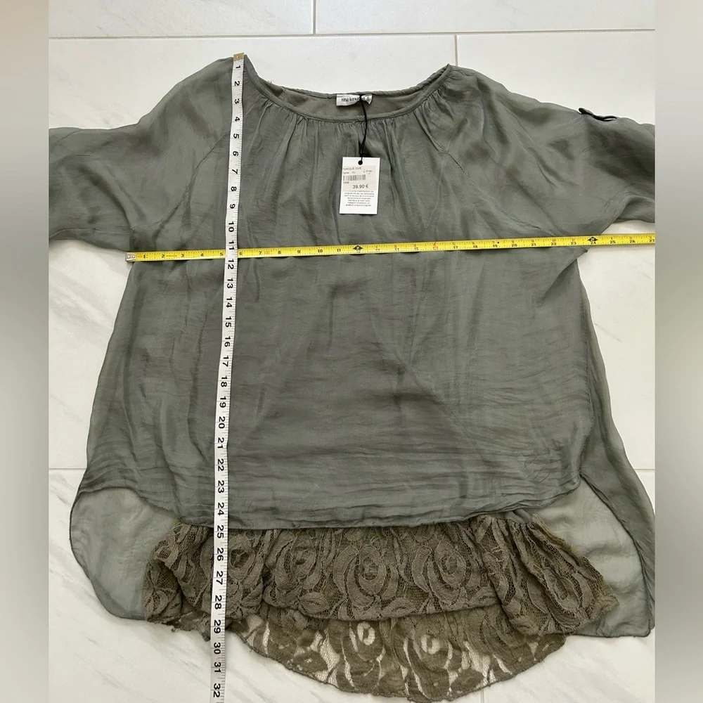 Nina Kendosa Silk Green Gray Blouse with Jersey ruffled Liner in size large NWT - Picture 14 of 16